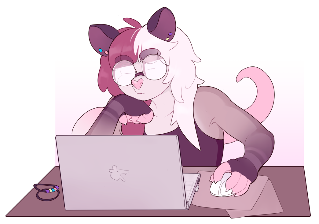 Grace's fursona, an anthropomorphic opossum with big round glasses, a tanktop, and chest-length split-dye hair with bangs. Her hair is colored cream and a pinkish maroon. She's hard at work at her laptop.